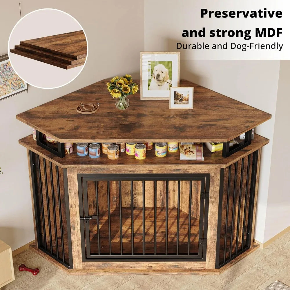 IRONCK 51 Corner Wooden Dog Crate Furniture with 2-Tier Shelves, Pet Kennel for Large Dogs, Space-Saving Dog Cage for TV Stand,