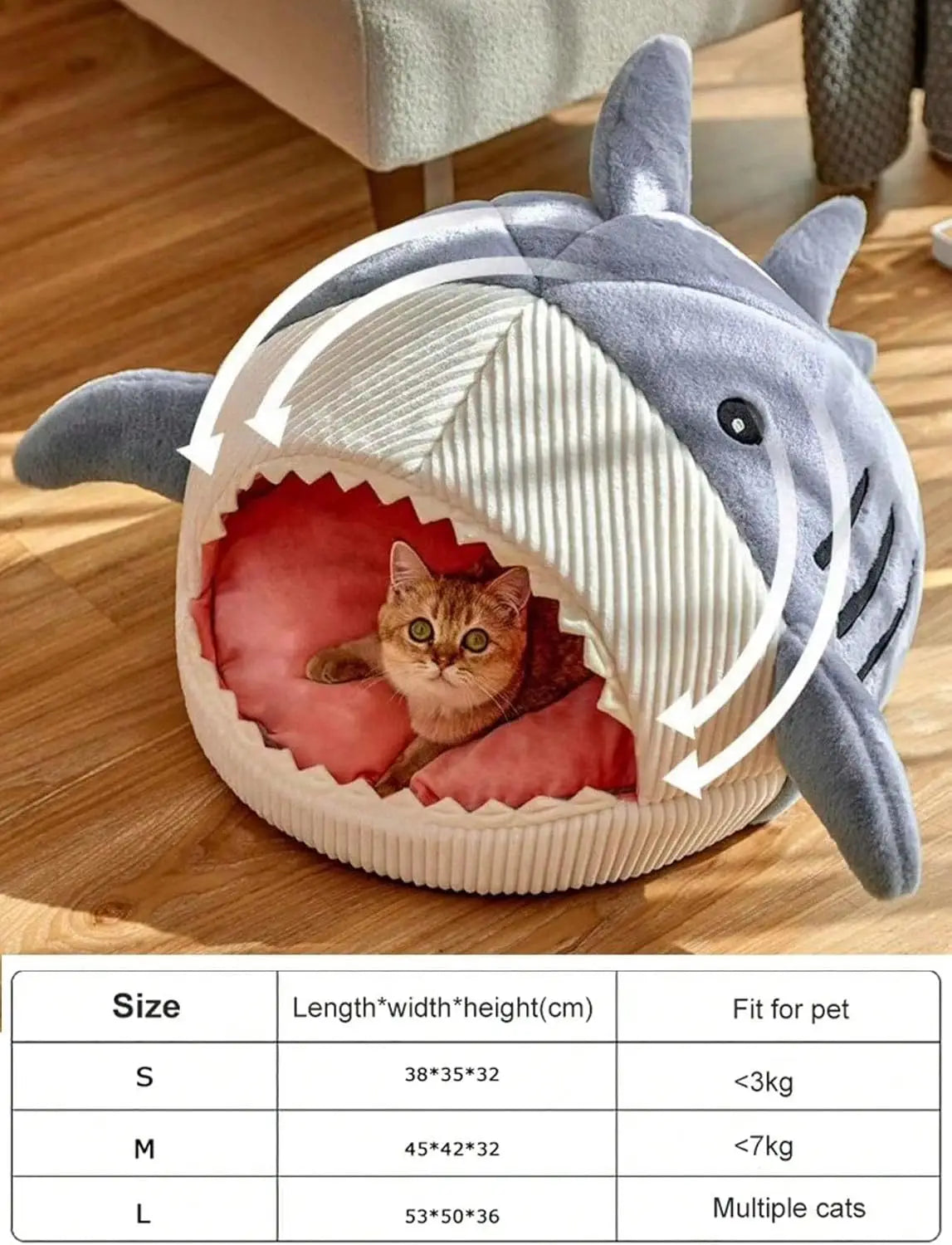 Shark-Shaped Cat Bed Kennel Hideout House Warm Soft Comfortable Semi-Closed Nest Blue L for Cats and Dogs