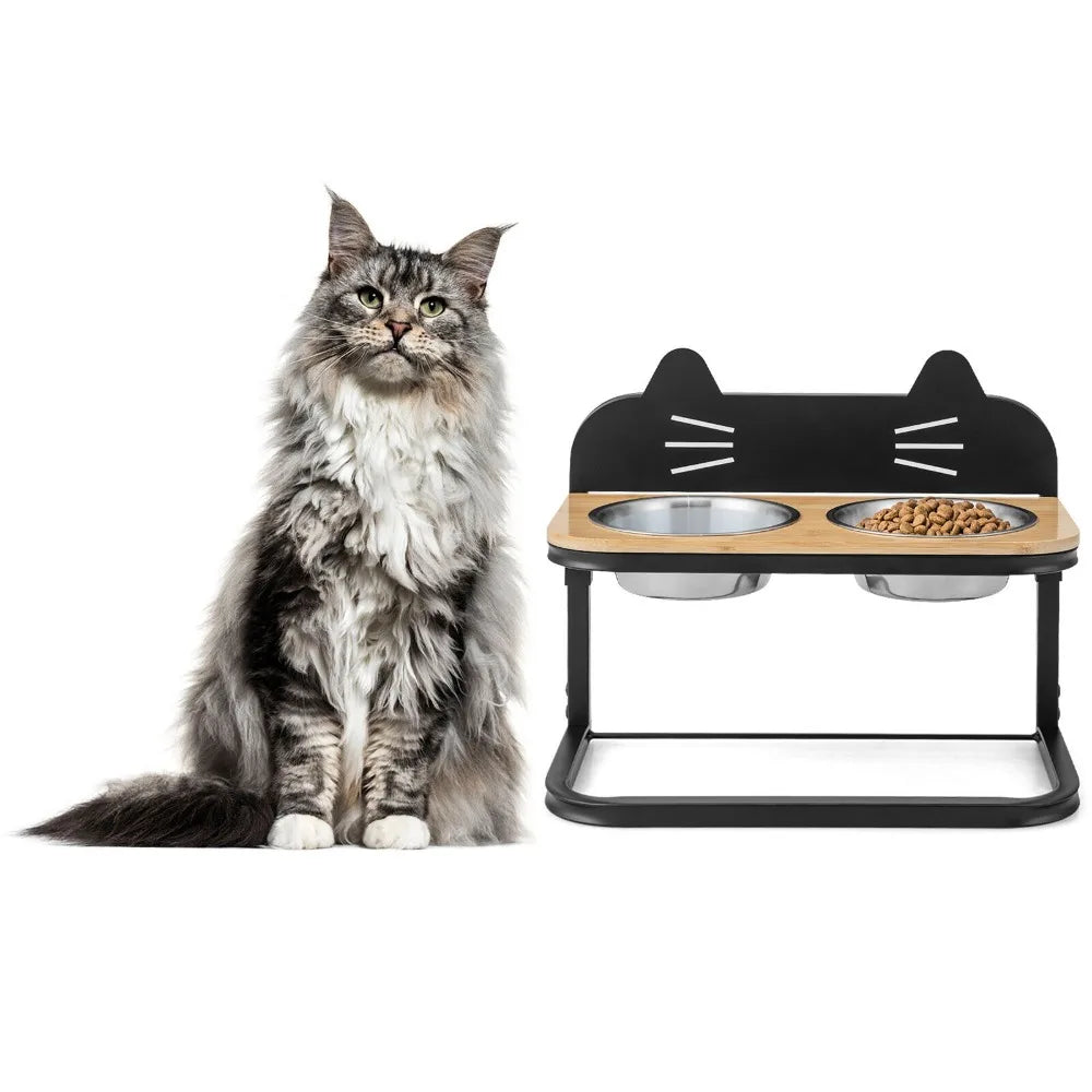 Elevated Pet Feeder w/ 2 Stainless Steel Cat Food & Water Bowls
