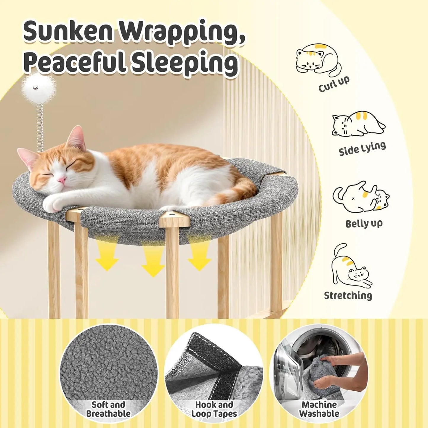 2-Tier Cat Hammock Bed with Scratch Mat & Toys, Wooden Climbing Furniture for Indoor Cats