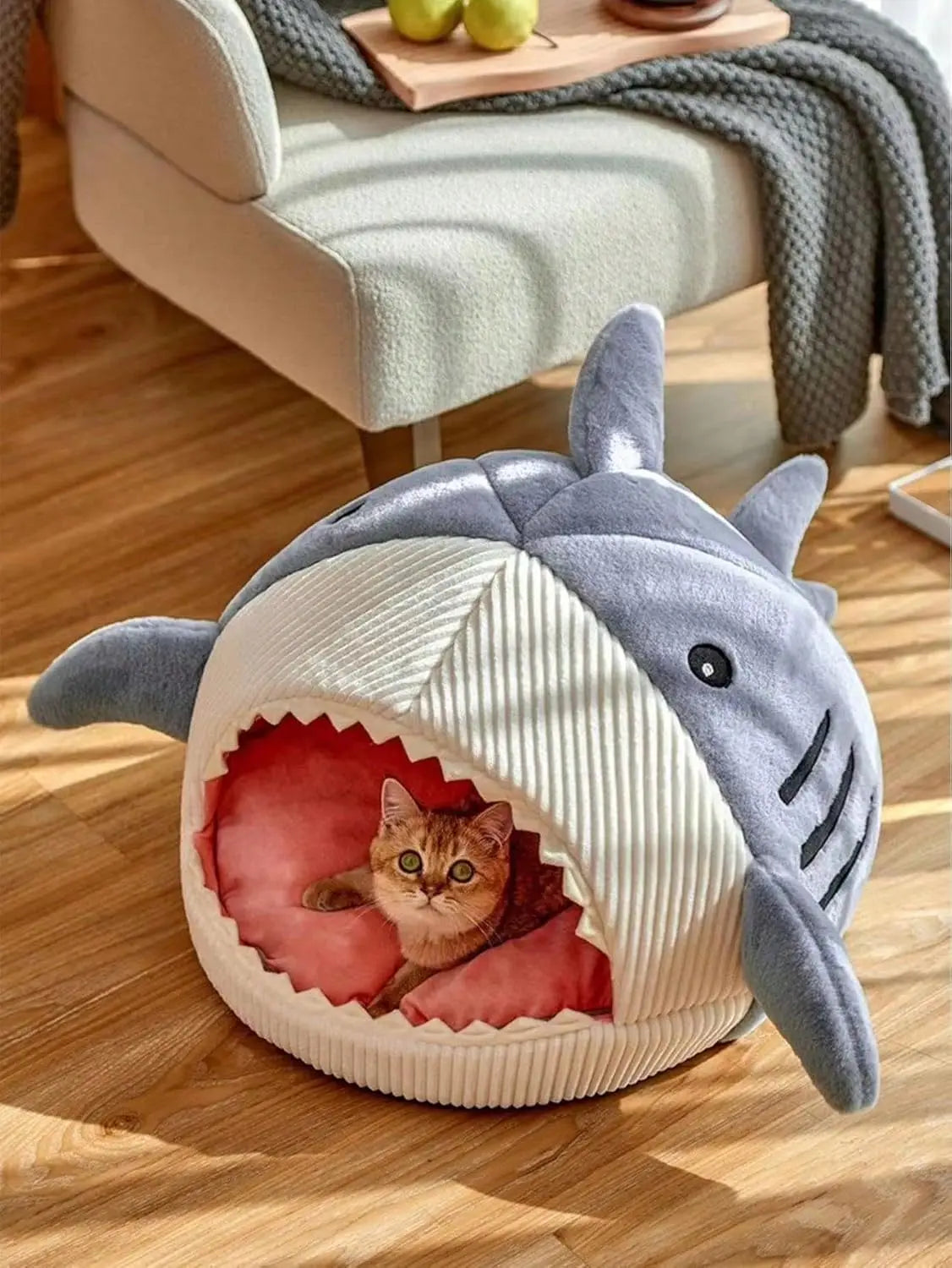 Shark-Shaped Cat Bed Kennel Hideout House Warm Soft Comfortable Semi-Closed Nest Blue L for Cats and Dogs