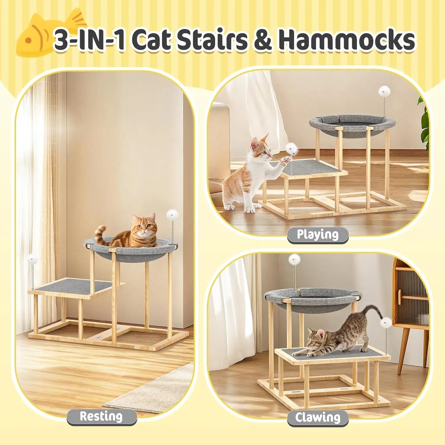 2-Tier Cat Hammock Bed with Scratch Mat & Toys, Wooden Climbing Furniture for Indoor Cats