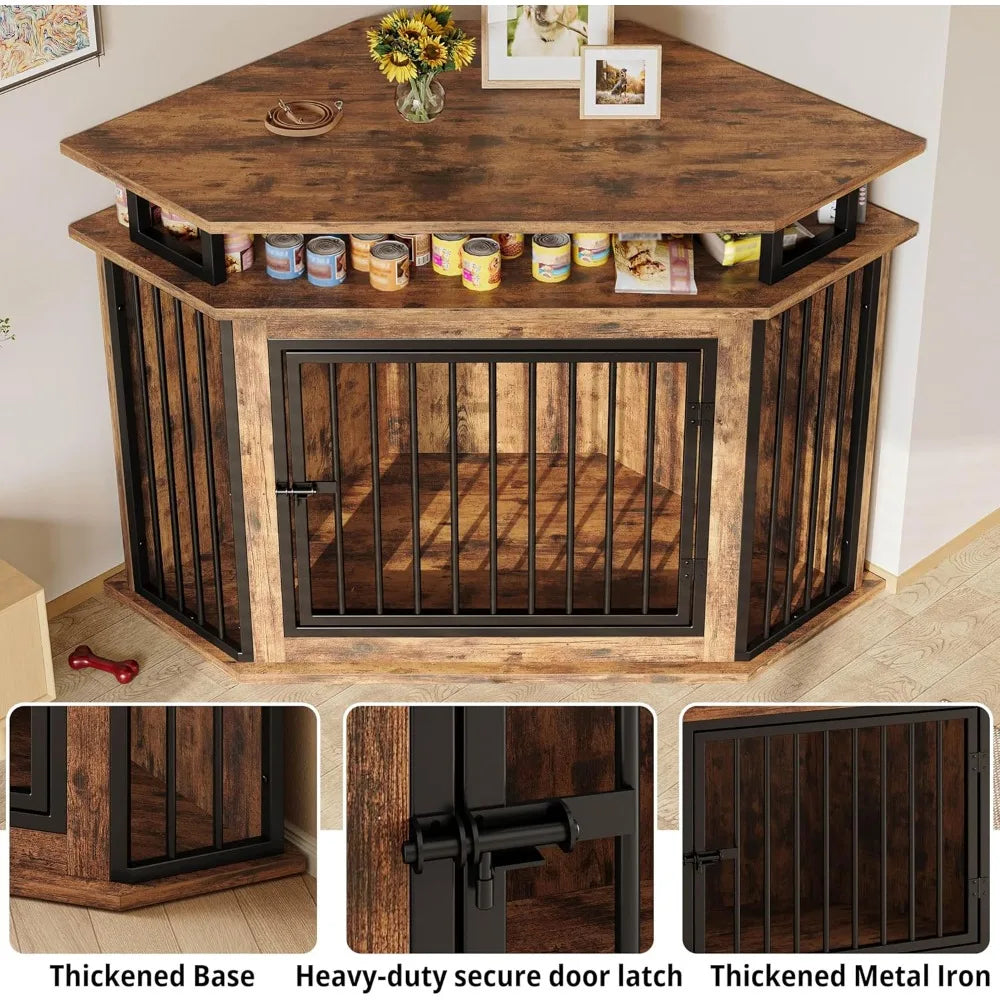 IRONCK 51 Corner Wooden Dog Crate Furniture with 2-Tier Shelves, Pet Kennel for Large Dogs, Space-Saving Dog Cage for TV Stand,