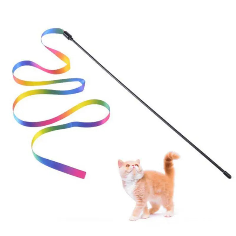 Cat Toys Funny Cat Teaser Rainbow Ribbon Cats Stick Toy Colorful Rod Teaser Wand Plastic Interactive Stick Cats Supplies
