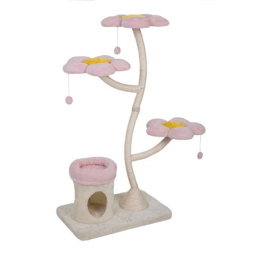 Pink and beige flower shaped cat tree, with a flowering platform bed and swinging toys, indoor multi-layer cat tower