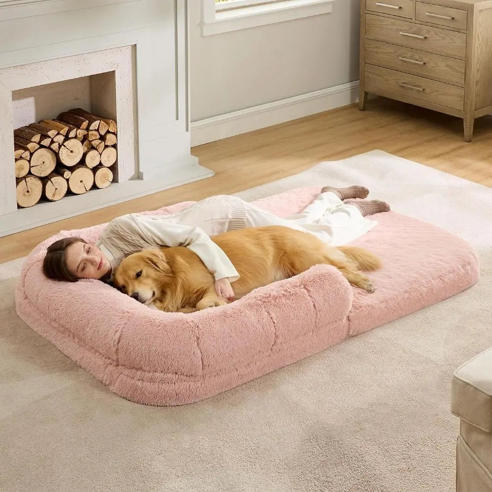 2-in-1 Pink Faux Fur Orthopedic Dog Bed with Egg Foam & Waterproof Liner for Adults and Pets