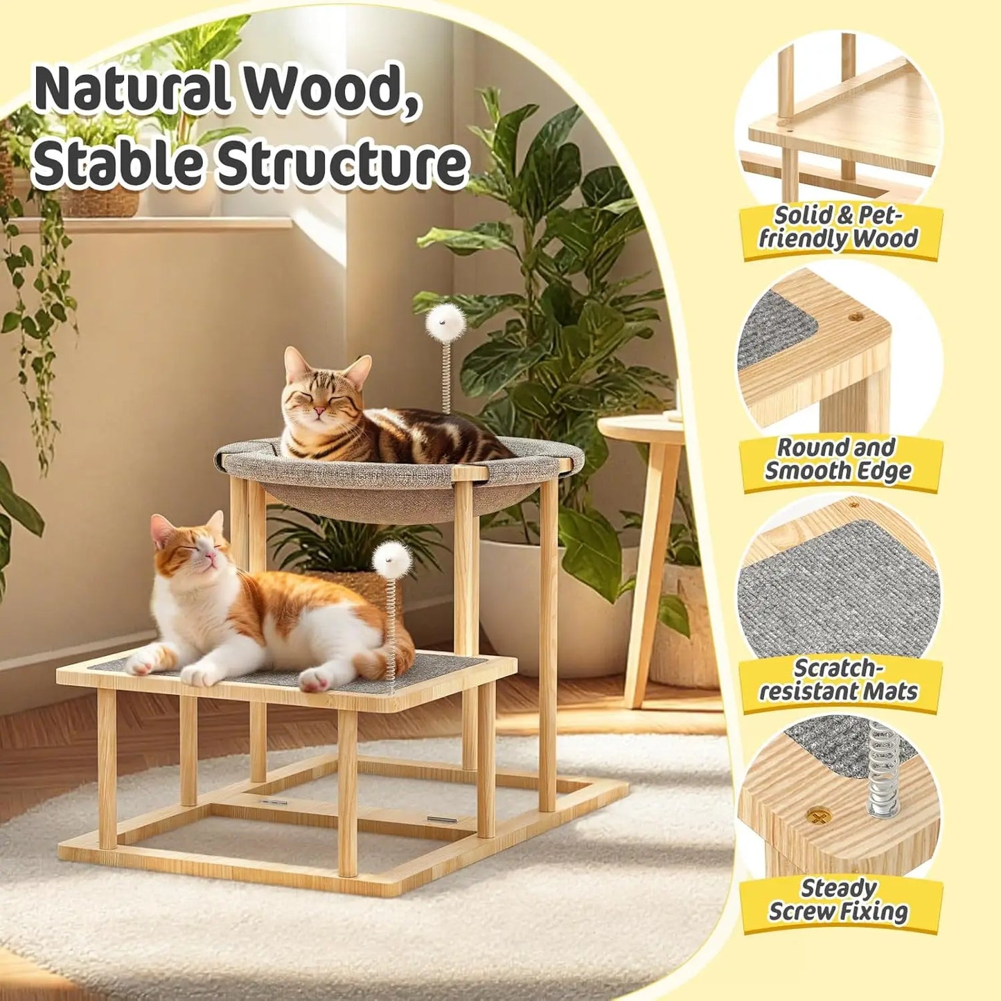 2-Tier Cat Hammock Bed with Scratch Mat & Toys, Wooden Climbing Furniture for Indoor Cats