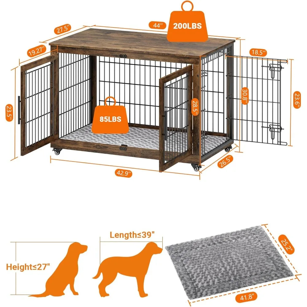 Dog Crate Furniture with Cushion Set of 2, Wooden Dog Kennel Indoor with Double Doors, Dog Cage with Wheels, House Side End