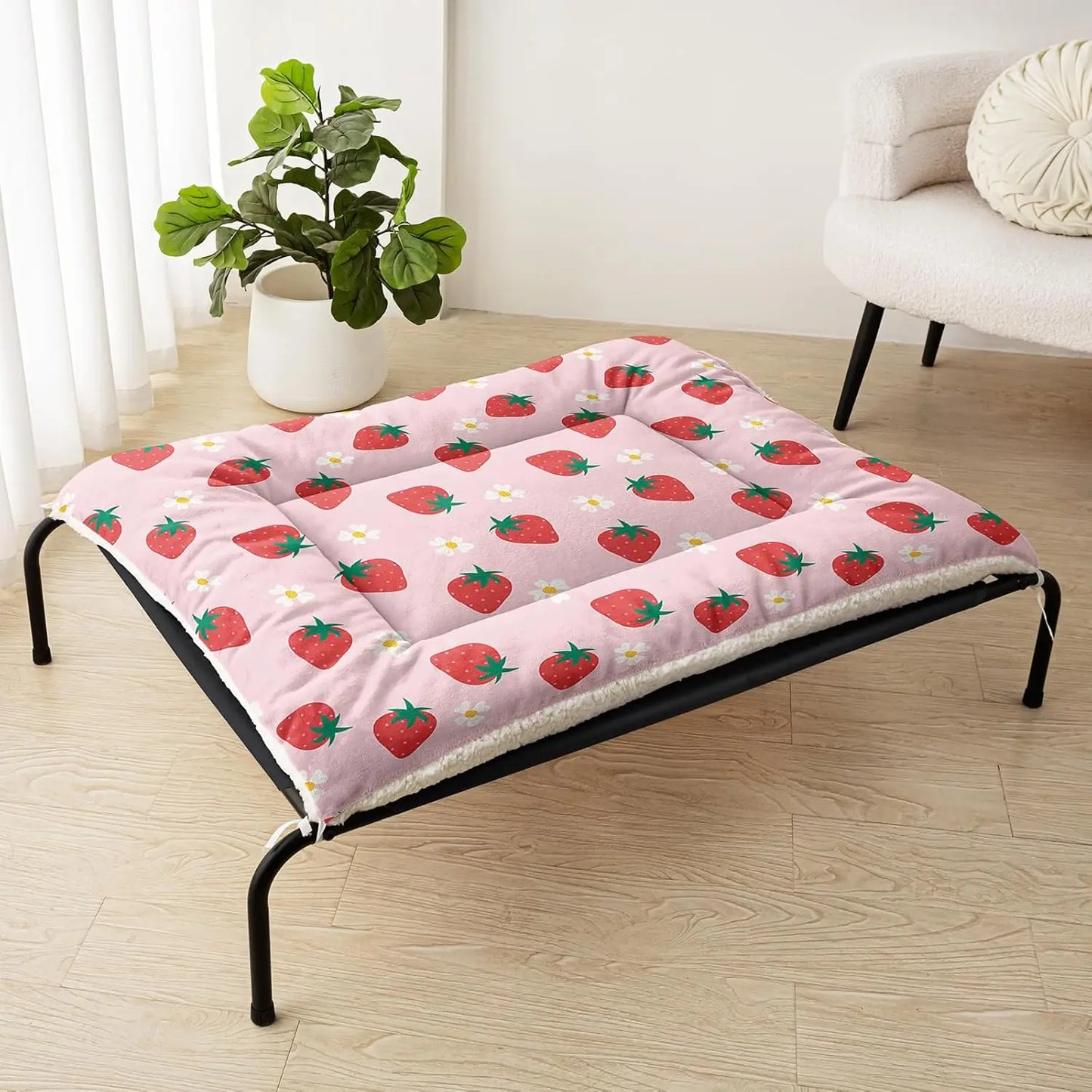 Cute Strawberry Dog Crate Bed, Plush Rectangular Pet Mat 30'x26', Washable Calming Pad for Medium Large Dogs, Pink