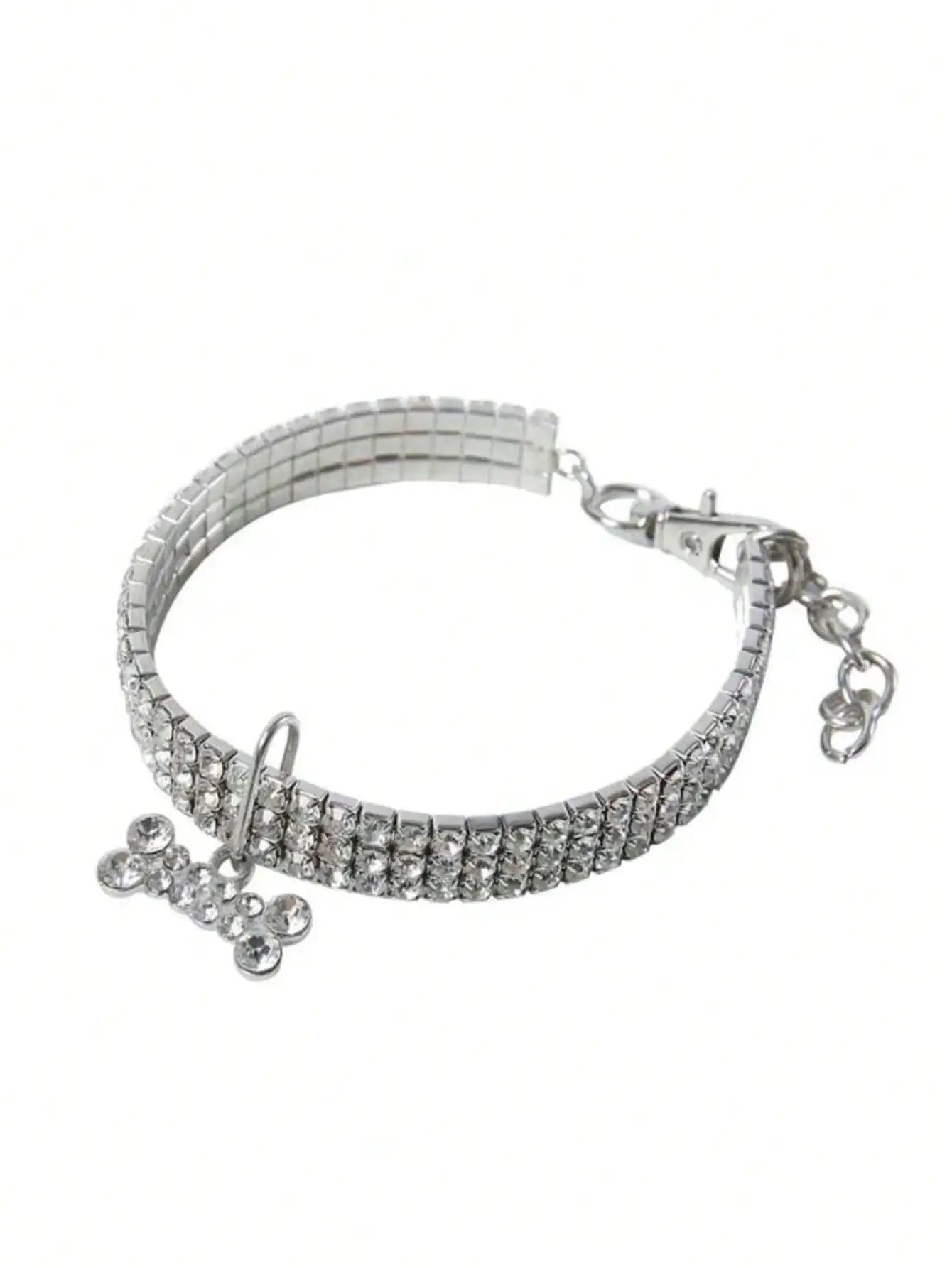 Sparkling Rhinestone Dog Collar with Bone Charm, Adjustable for Small Pets