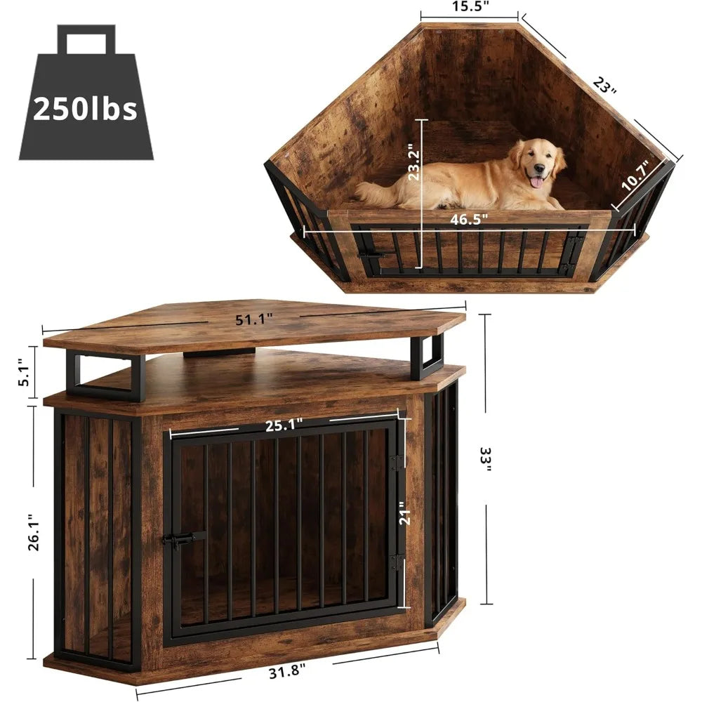 IRONCK 51 Corner Wooden Dog Crate Furniture with 2-Tier Shelves, Pet Kennel for Large Dogs, Space-Saving Dog Cage for TV Stand,
