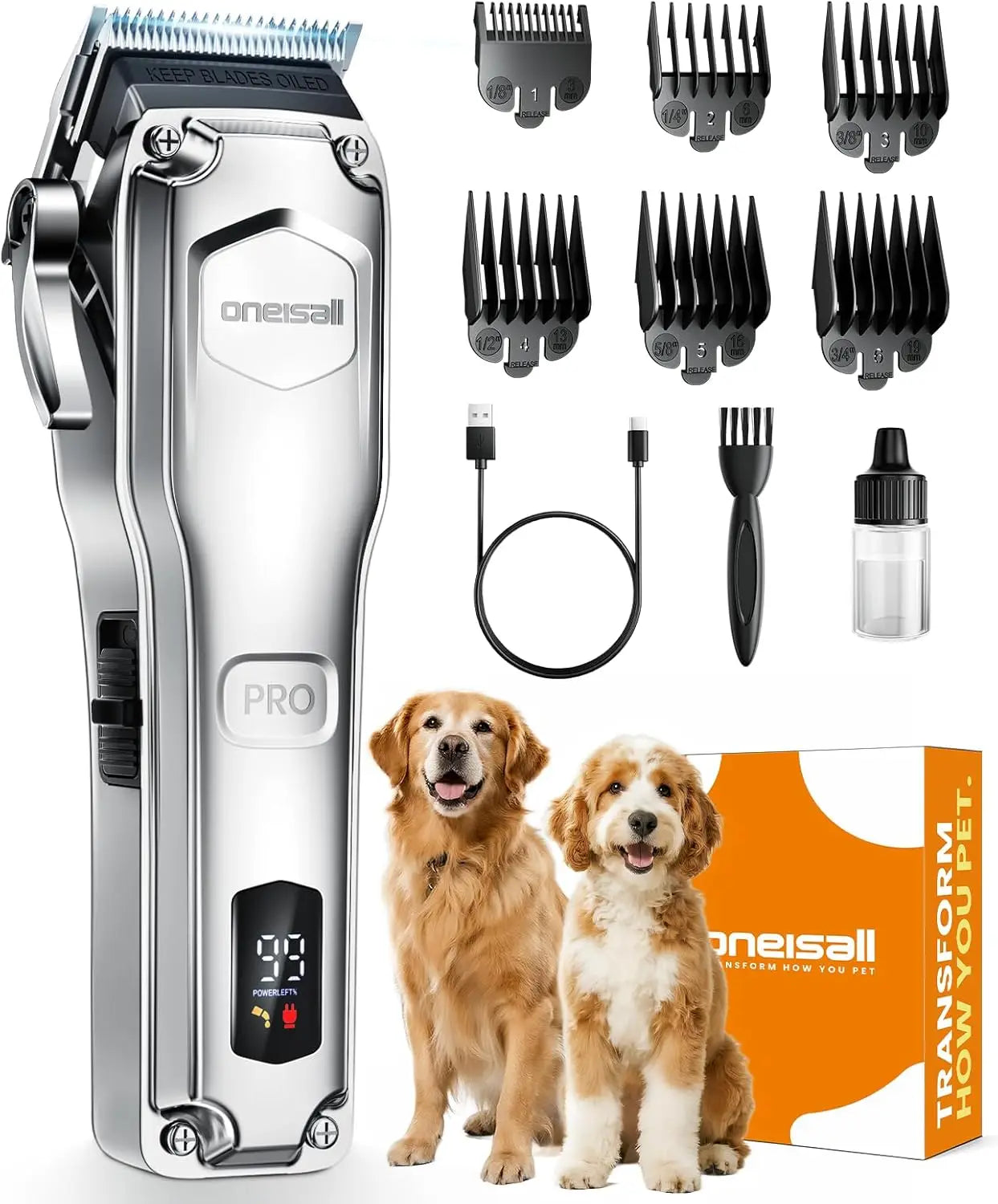 Professional Dog Grooming Clippers for Thick Hair, Low Noise Cordless Shaver with Detachable Stainless Steel Blades
