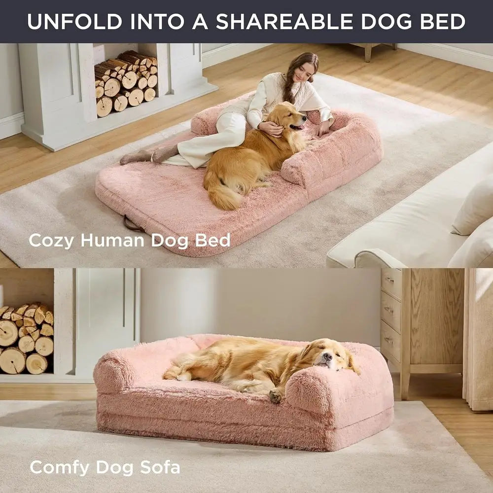 2-in-1 Pink Faux Fur Orthopedic Dog Bed with Egg Foam & Waterproof Liner for Adults and Pets