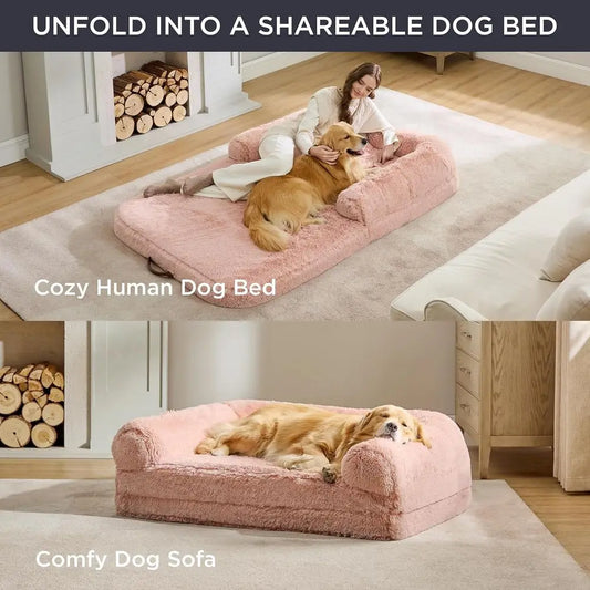 2-in-1 Pink Faux Fur Orthopedic Dog Bed with Egg Foam & Waterproof Liner for Adults and Pets