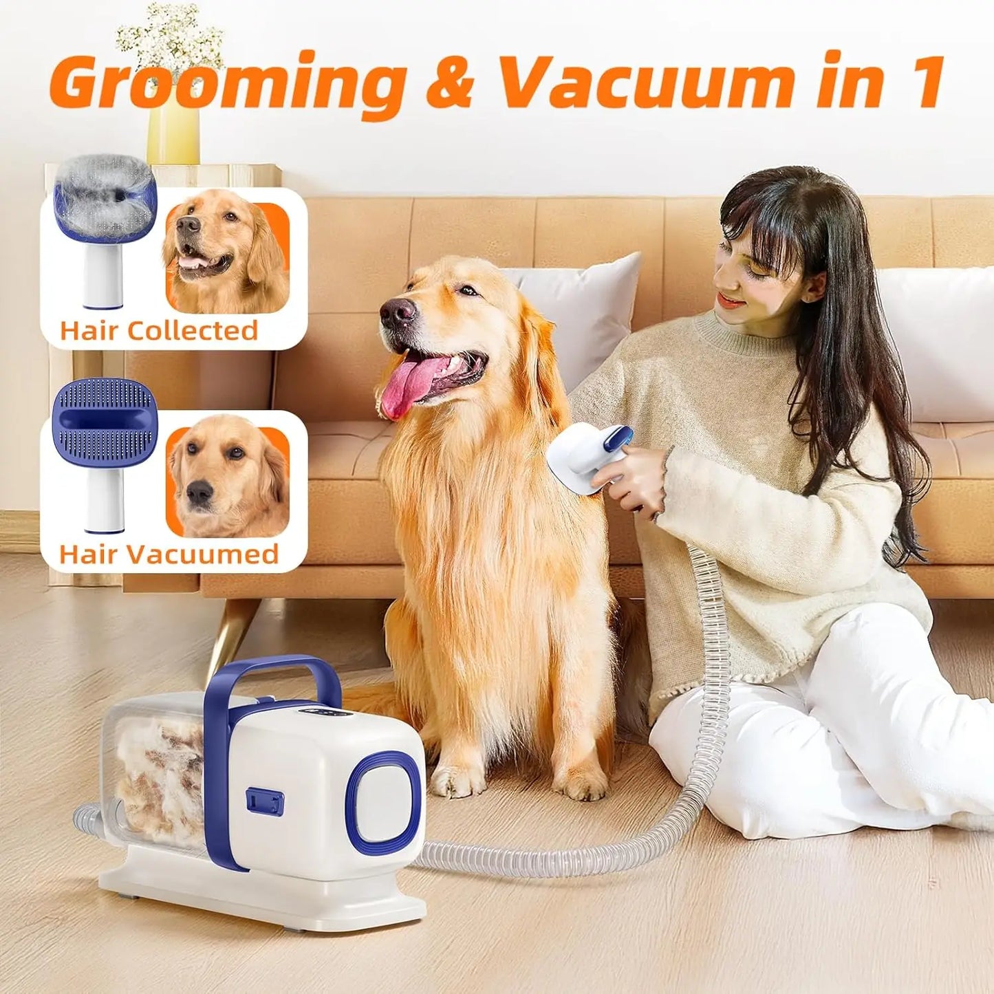 Pet Grooming Kit with Vacuum, 15000Pa Hair Clipper and Shedding Brush, Low Noise, 2L Capacity