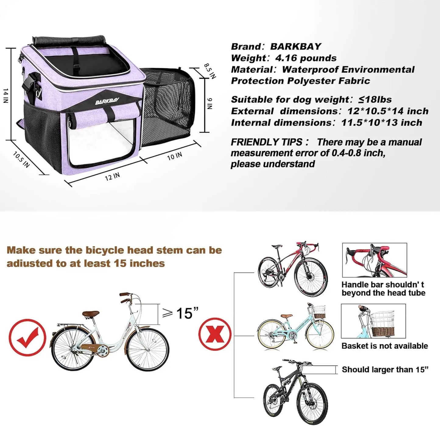 Expandable Foldable Dog Bike Basket Carrier with 2 Doors & Reflective Tapes, Safe Pet Travel Bag for Small Medium Cats Dogs