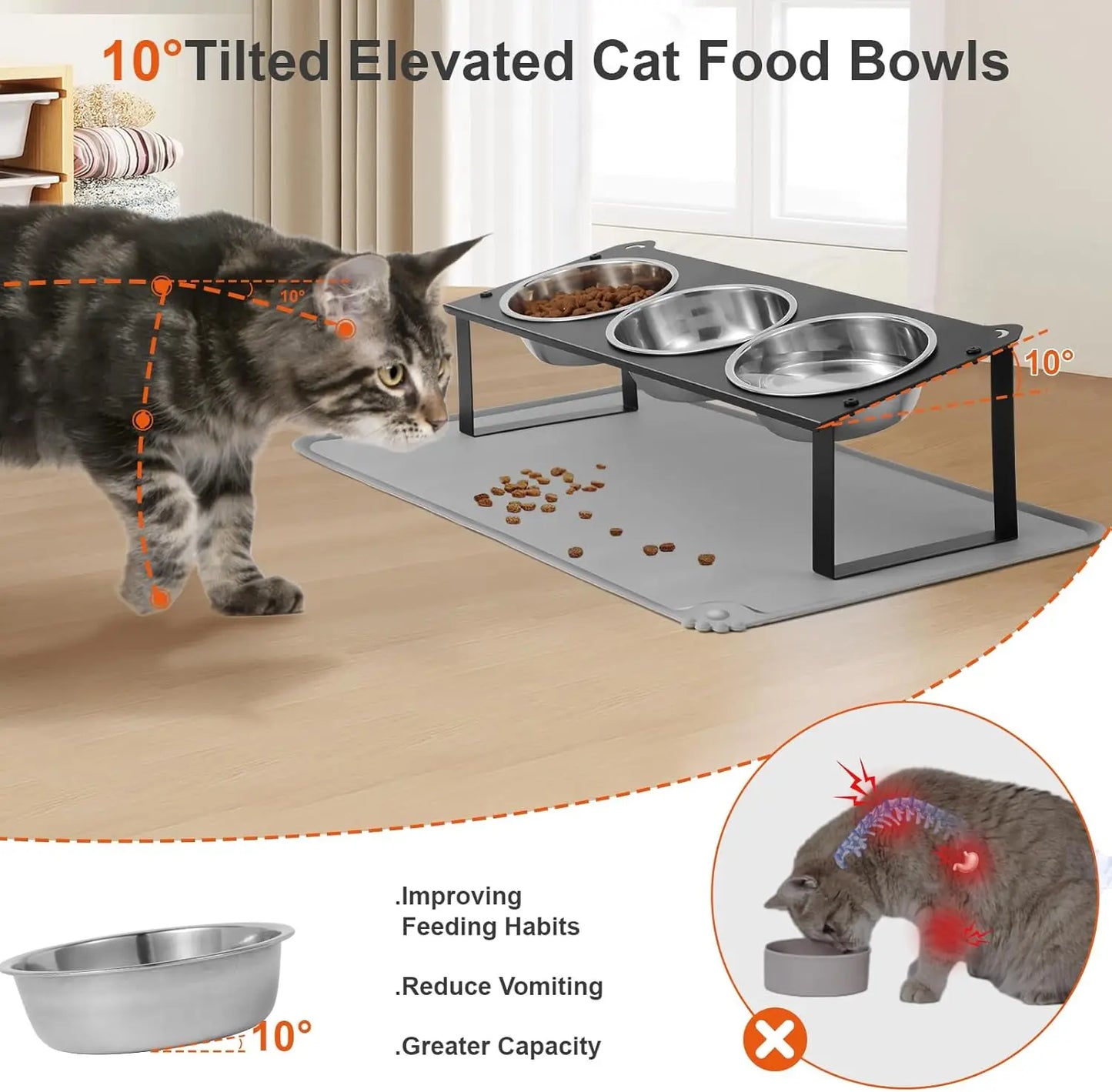 10° Tilted Non-Slip Raised Cat Food and Water Bowls Set with Silicone Mat for Indoor Pets