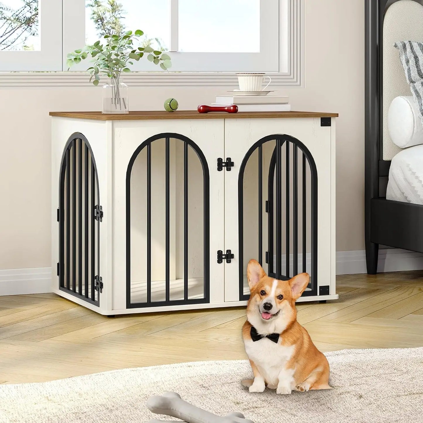 31.5'' Wooden Dog Crate Furniture, Indoor Kennel for Small/Medium Dogs, Decorative Pet House End Table TV Stand in White Brown