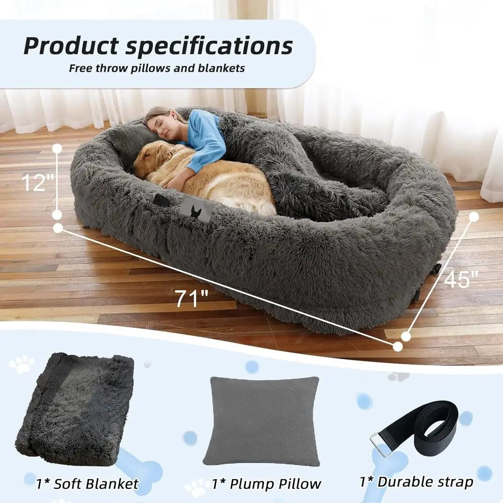 71x45x12 Orthopedic Dog Bed - Washable, Suitable for You and Pets, with Pillow & Blanket, Grey