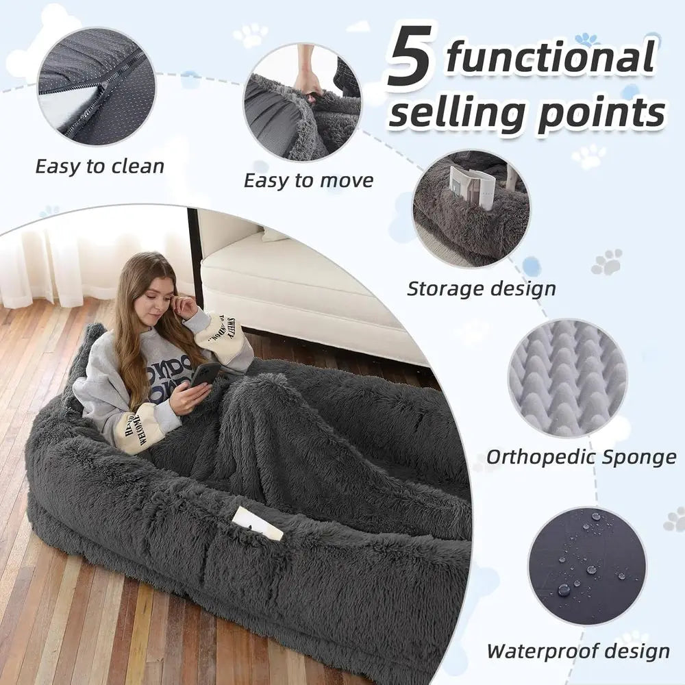 71x45x12 Orthopedic Dog Bed - Washable, Suitable for You and Pets, with Pillow & Blanket, Grey