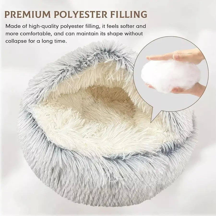 Bed Round Fluffy Hooded Cat Bed Cave, AntiAnxiety Cave Bed with Hooded Blanket, Cozy Cuddler Luxury Puppy Pet Bed, AntiSlip Bott