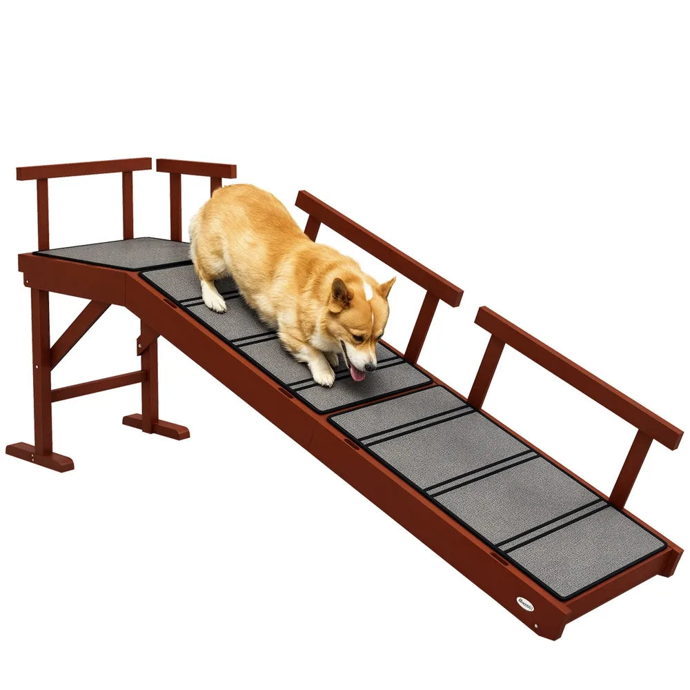 Wooden Dog Ramp with Removable Guardrails, Non-Slip Surface, Brown