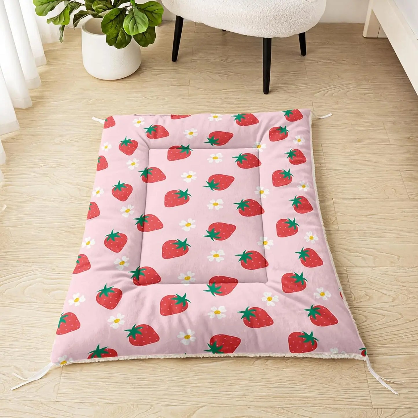 Cute Strawberry Dog Crate Bed, Plush Rectangular Pet Mat 30'x26', Washable Calming Pad for Medium Large Dogs, Pink