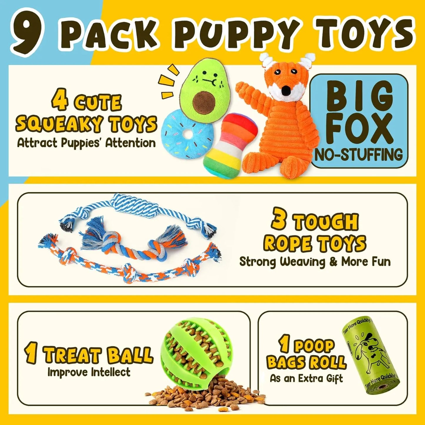 9 Pack Luxury Puppy Toys for Teething Small Dogs, Squeaky Chew Toys with Ball and Rope
