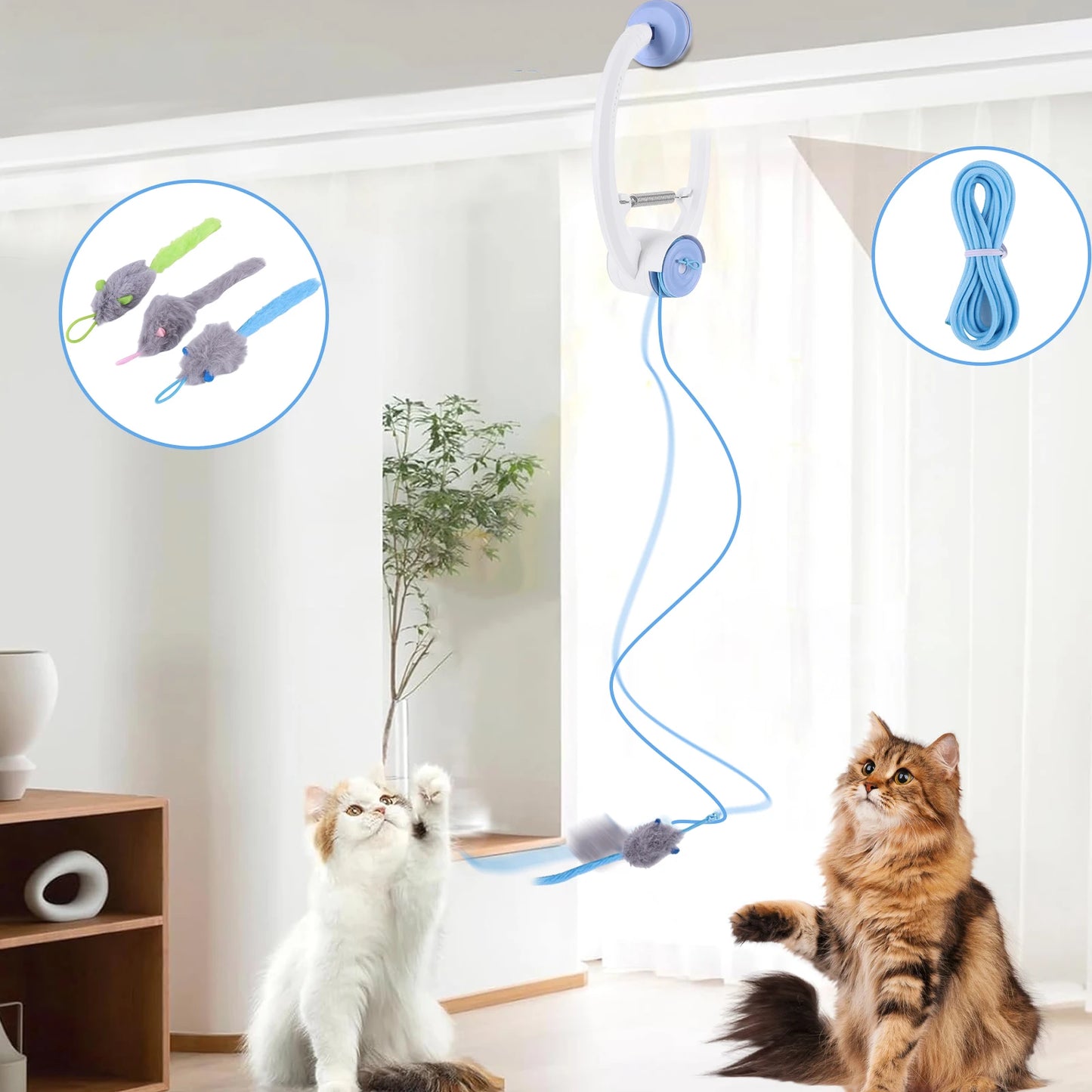 Teaser Electronic Self Play Feather Cat String Toy with 3 Catnip Mice Interactive Cat Teaser Retractable Toys for Bored Cats