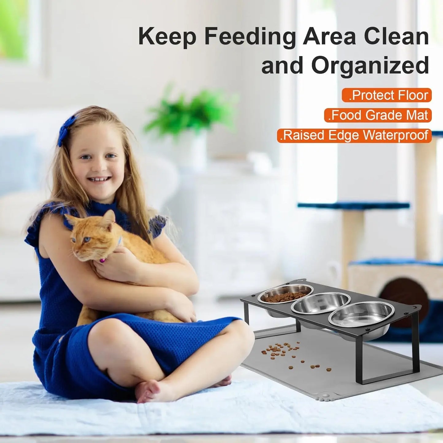 10° Tilted Non-Slip Raised Cat Food and Water Bowls Set with Silicone Mat for Indoor Pets