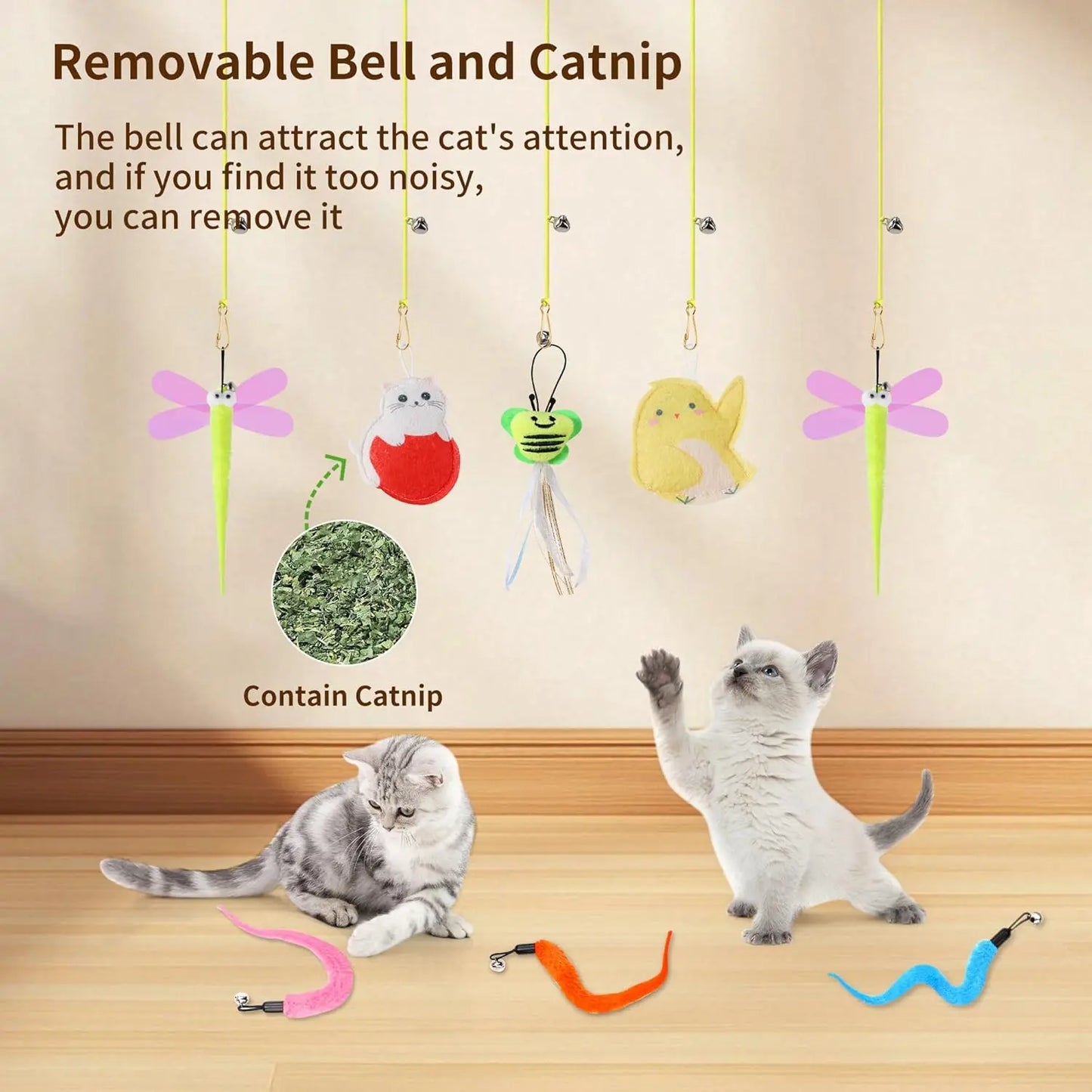 Interactive Cat Toys Set with Wand, 8 Teaser Refills & 3 Hanging Toys for Adult Cats and Kittens Play Exercise