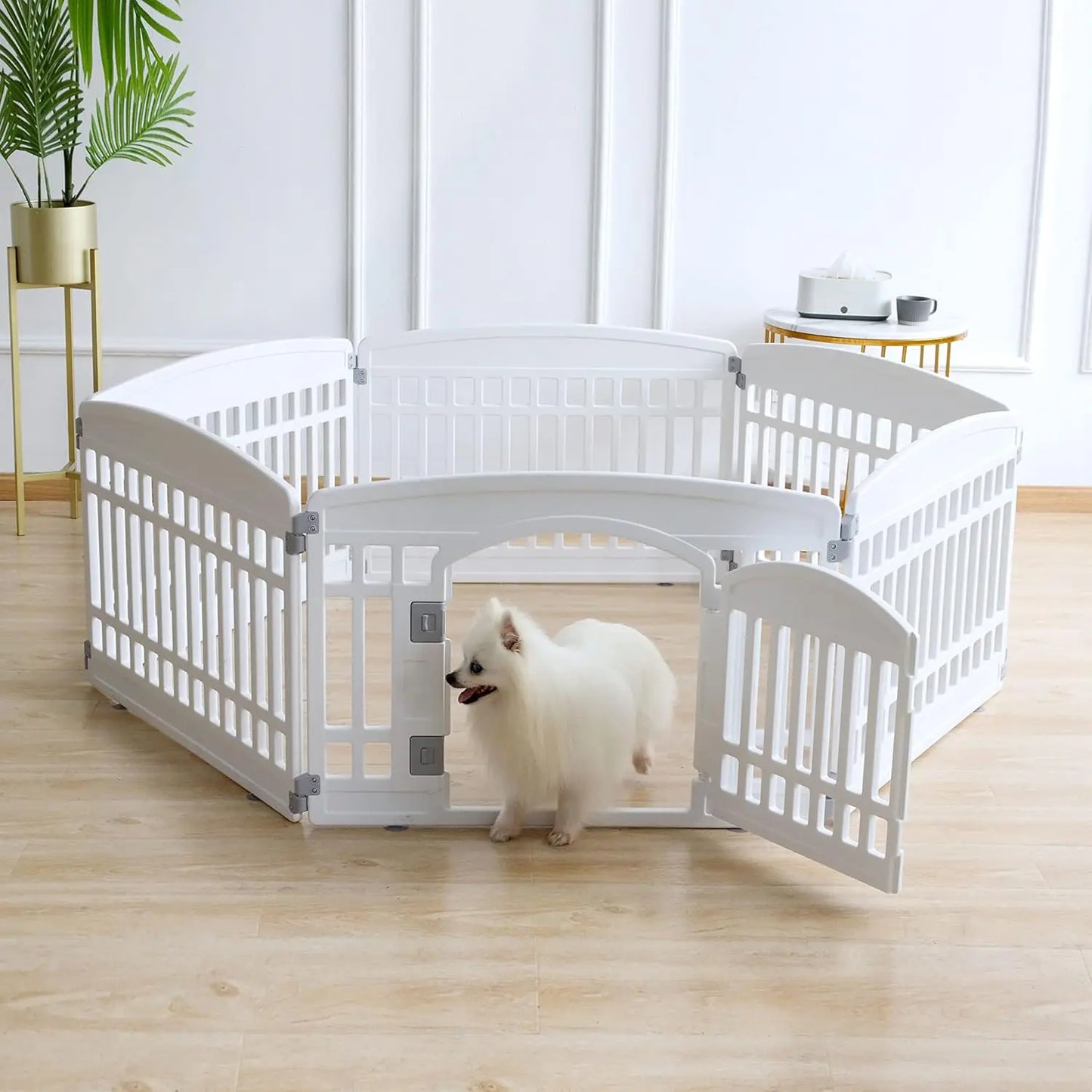 Heavy Plastic Pet Playpen for Dogs, Puppy Exercise Pen Indoor Outdoor Folding Cage with 6 Panels, White