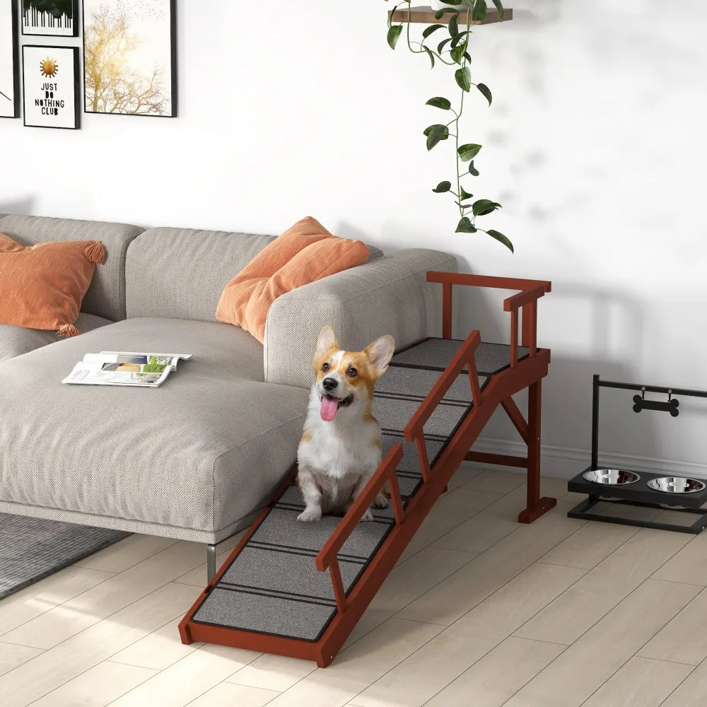 Wooden Dog Ramp with Removable Guardrails, Non-Slip Surface, Brown