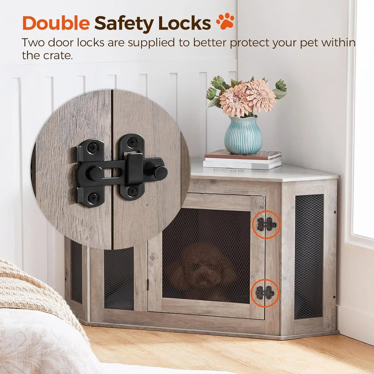 Corner Dog Crate Furniture, Wooden Kennel End Table for Small Medium Dogs, Decorative Pet Cage Indoor Use