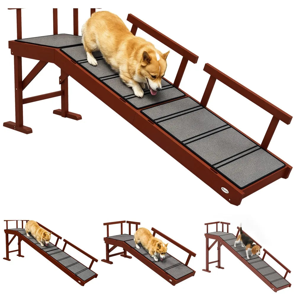 Wooden Dog Ramp with Removable Guardrails, Non-Slip Surface, Brown