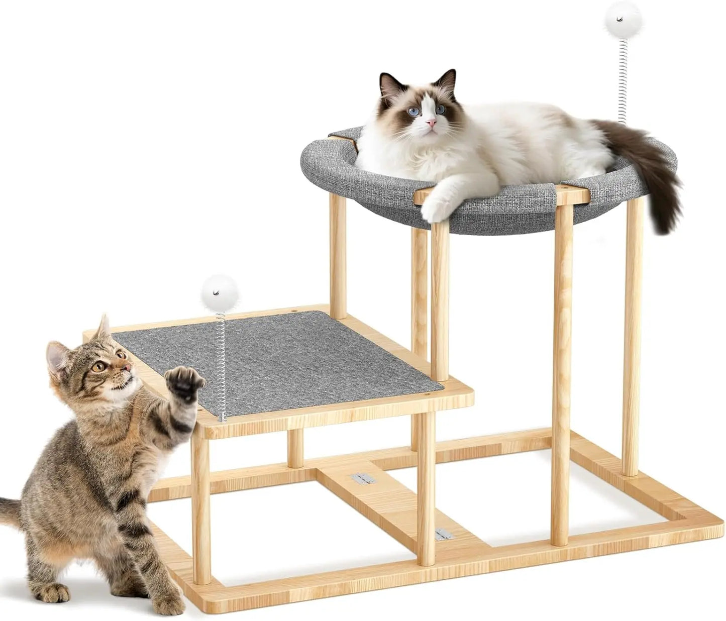 2-Tier Cat Hammock Bed with Scratch Mat & Toys, Wooden Climbing Furniture for Indoor Cats