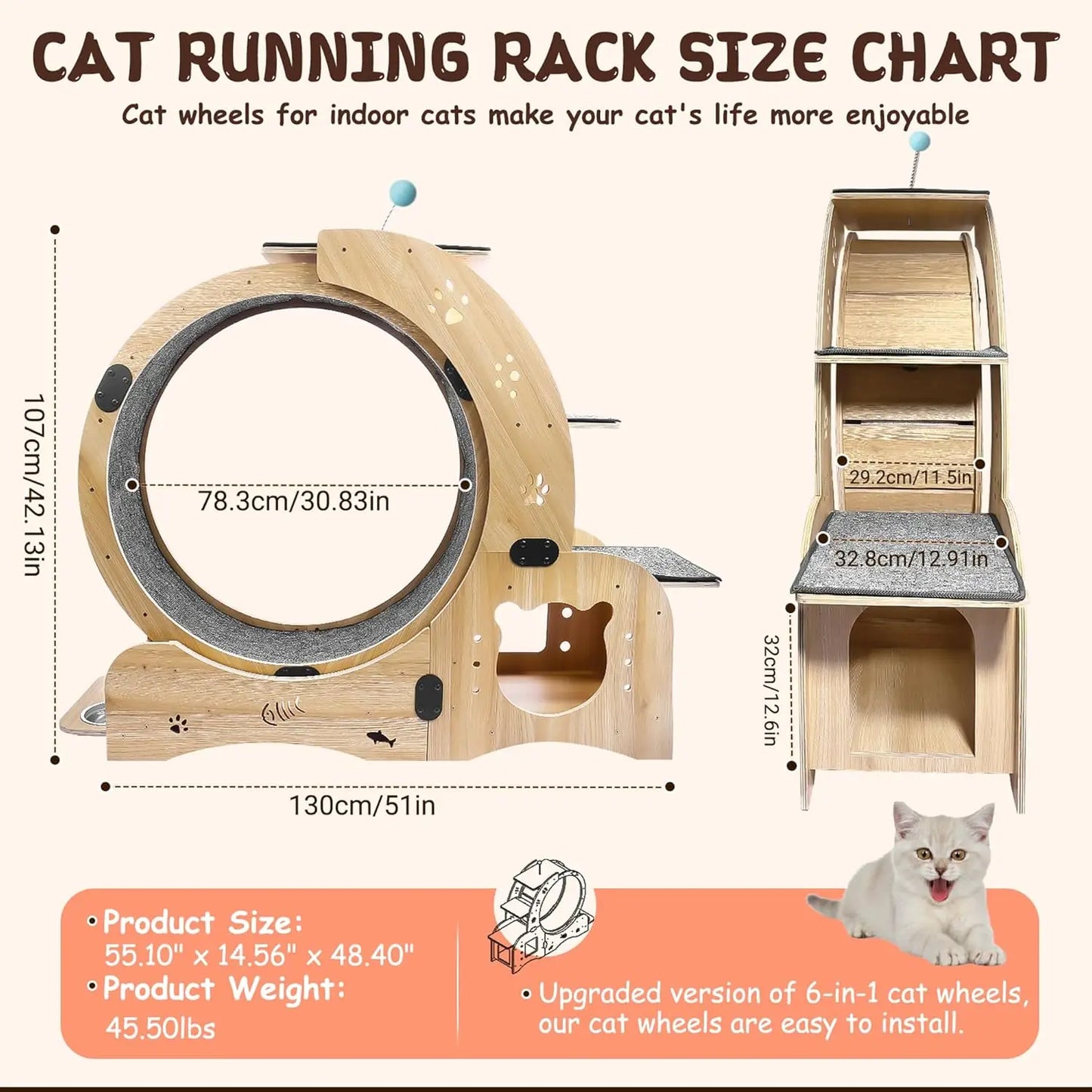 55-inch cat Wheel, 6-in-1 cat Wheels for Indoor Cats, Scratching Board, Detachable mat, Multi-Functional Indoor Pet /Training