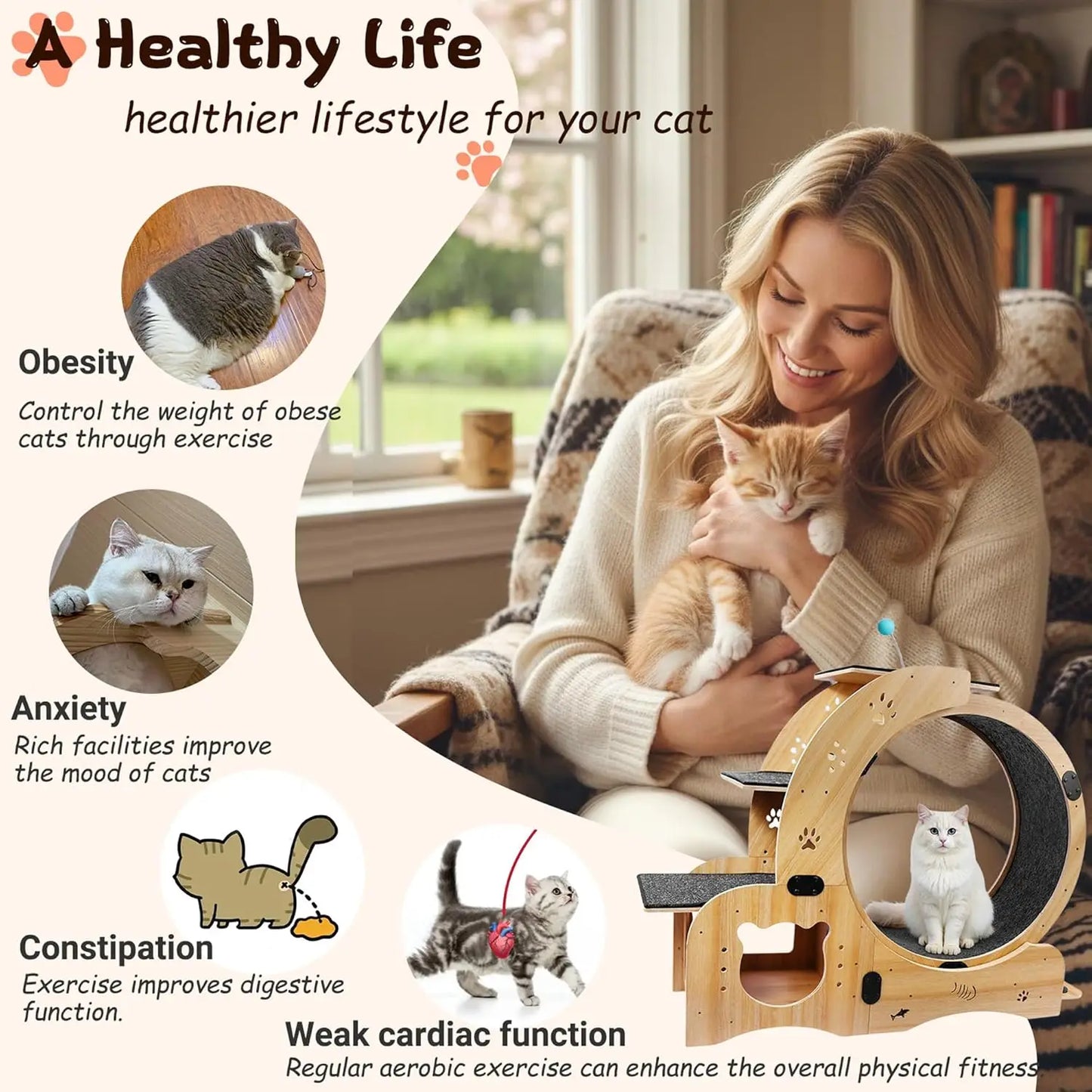 55-inch cat Wheel, 6-in-1 cat Wheels for Indoor Cats, Scratching Board, Detachable mat, Multi-Functional Indoor Pet /Training