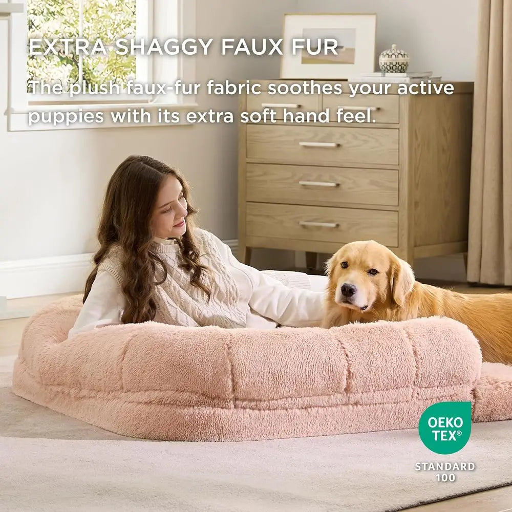 2-in-1 Pink Faux Fur Orthopedic Dog Bed with Egg Foam & Waterproof Liner for Adults and Pets