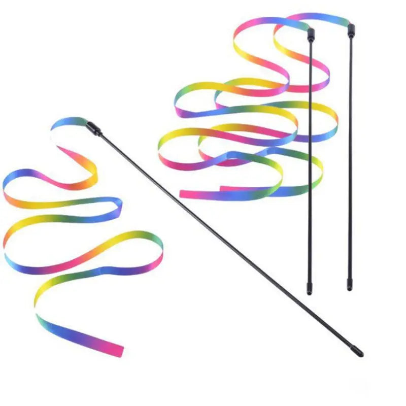 Cat Toys Funny Cat Teaser Rainbow Ribbon Cats Stick Toy Colorful Rod Teaser Wand Plastic Interactive Stick Cats Supplies