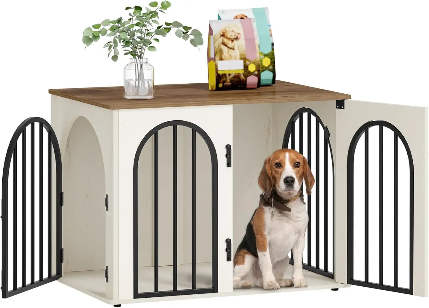 31.5'' Wooden Dog Crate Furniture, Indoor Kennel for Small/Medium Dogs, Decorative Pet House End Table TV Stand in White Brown