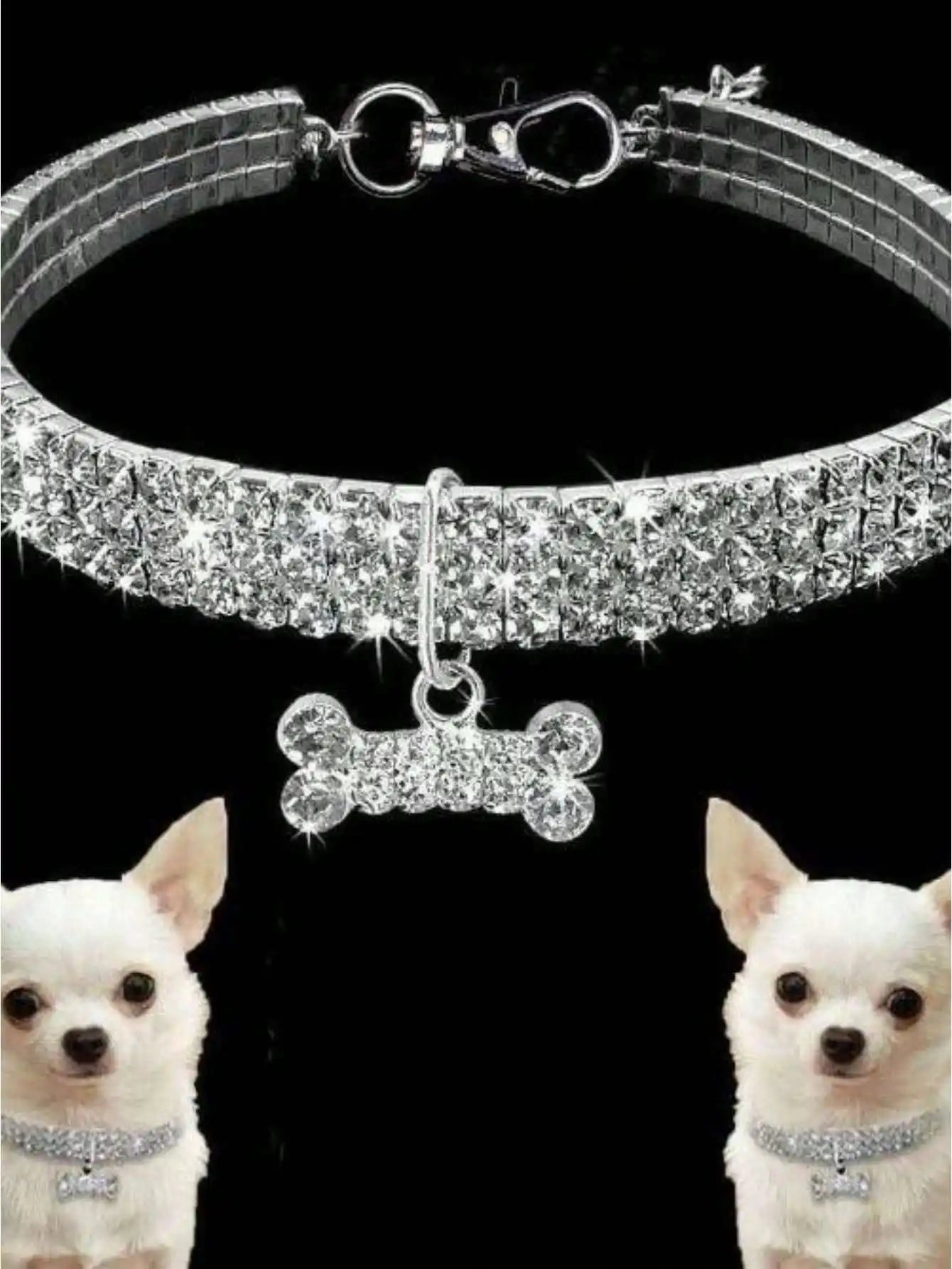 Sparkling Rhinestone Dog Collar with Bone Charm, Adjustable for Small Pets