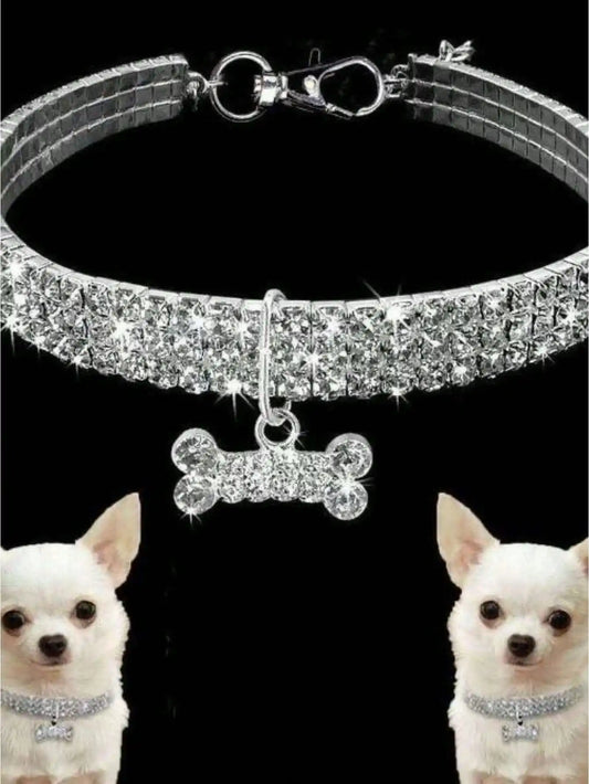 Sparkling Rhinestone Dog Collar with Bone Charm, Adjustable for Small Pets