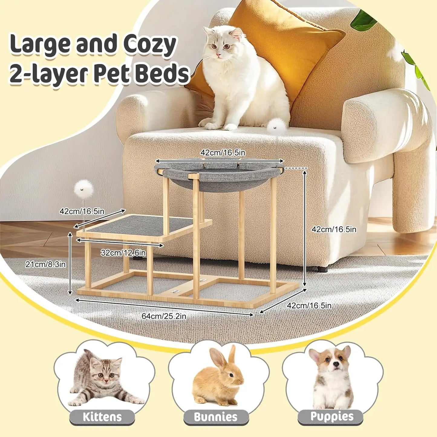2-Tier Cat Hammock Bed with Scratch Mat & Toys, Wooden Climbing Furniture for Indoor Cats