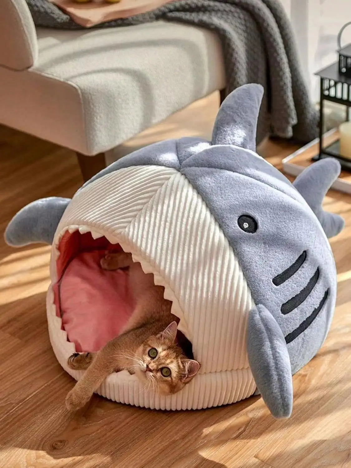 Shark-Shaped Cat Bed Kennel Hideout House Warm Soft Comfortable Semi-Closed Nest Blue L for Cats and Dogs