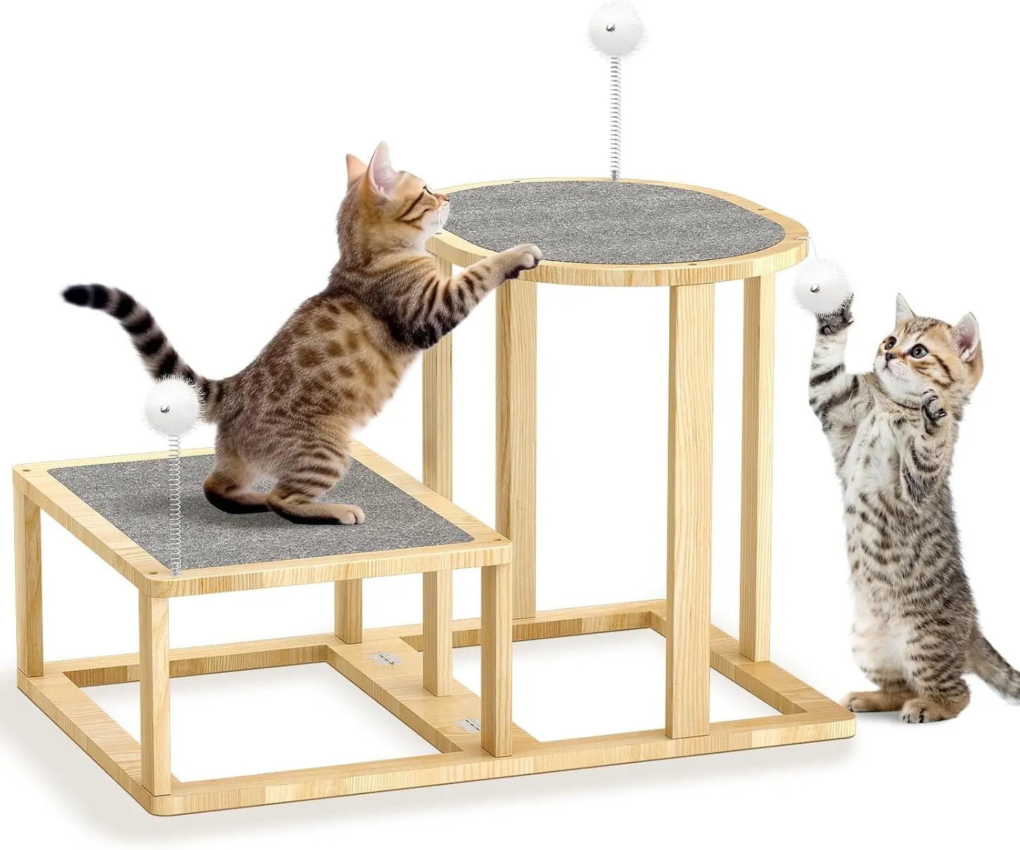 2-Tier Cat Hammock Bed with Scratch Mat & Toys, Wooden Climbing Furniture for Indoor Cats