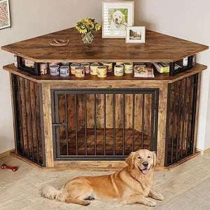 IRONCK 51 Corner Wooden Dog Crate Furniture with 2-Tier Shelves, Pet Kennel for Large Dogs, Space-Saving Dog Cage for TV Stand,