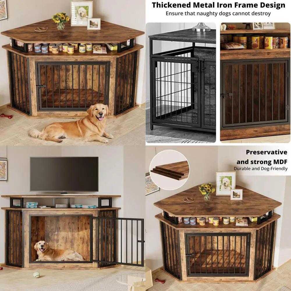 IRONCK 51 Corner Wooden Dog Crate Furniture with 2-Tier Shelves, Pet Kennel for Large Dogs, Space-Saving Dog Cage for TV Stand,