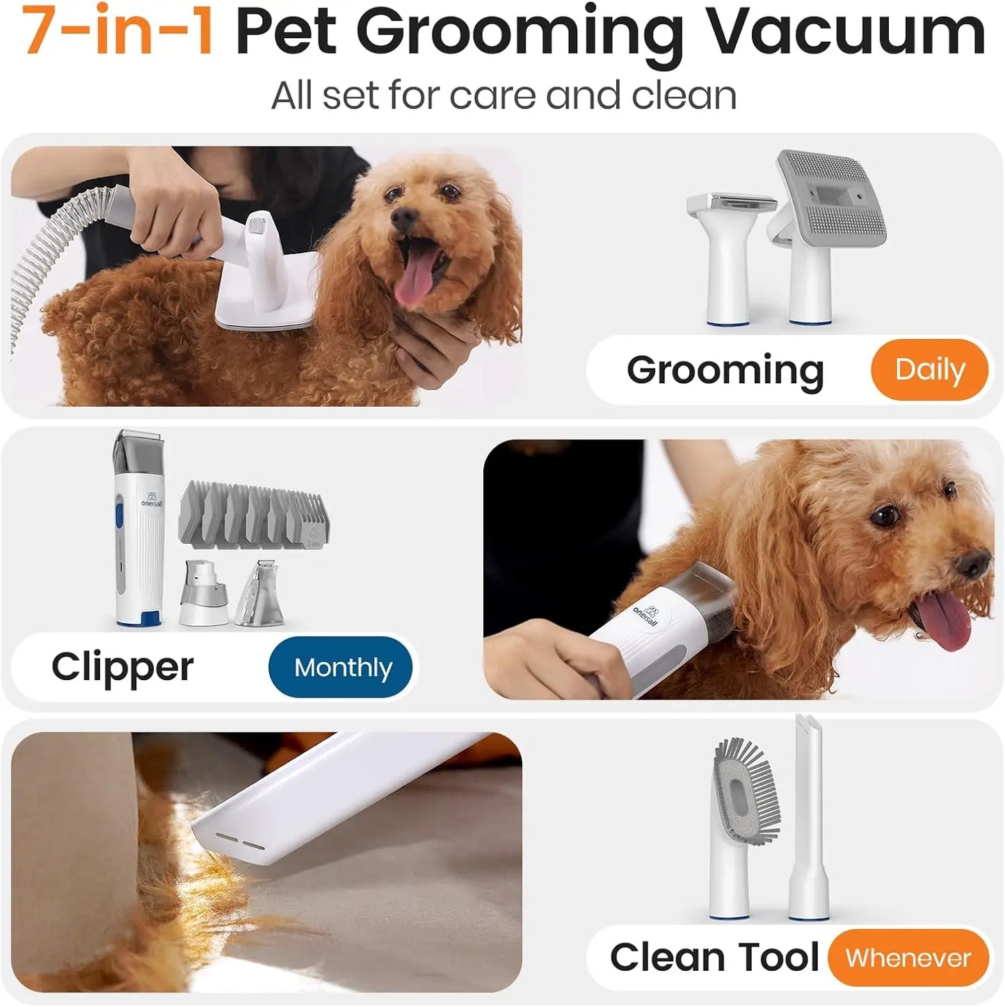 Pet Grooming Vacuum with Clipper and Nail Grinder, 1.5L Dust Cup, 7 Tools for Shedding Hair and Home Cleaning in Blue