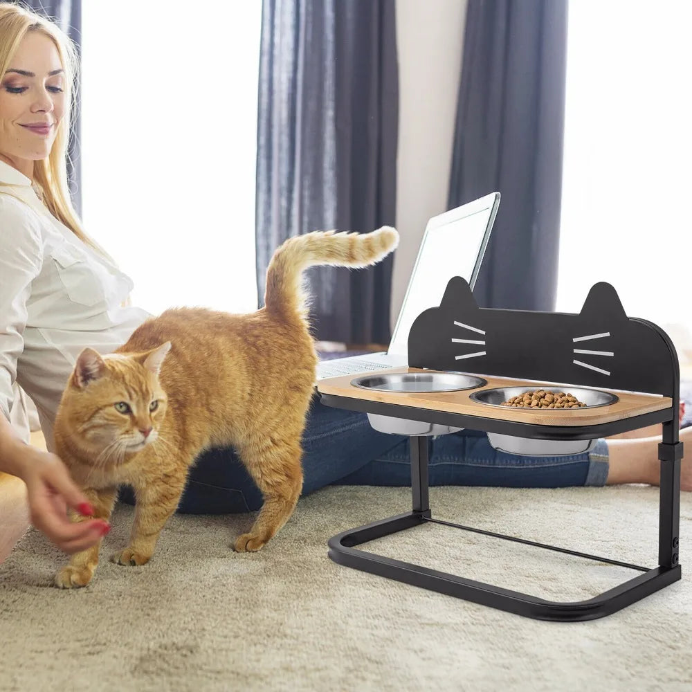 Elevated Pet Feeder w/ 2 Stainless Steel Cat Food & Water Bowls
